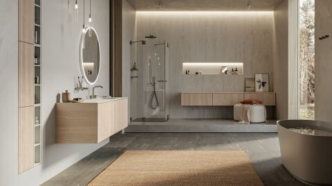 naturalne drewno w matowej łazience