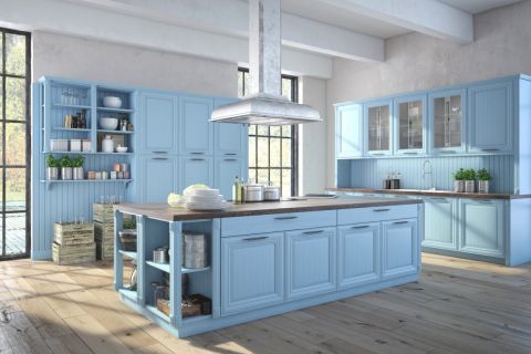 niebieska kuchnia w stylu rustykalnym