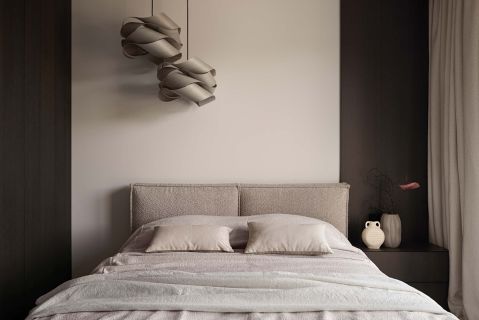beżowo czarna sypialnia w apartamencie w porcie praskim