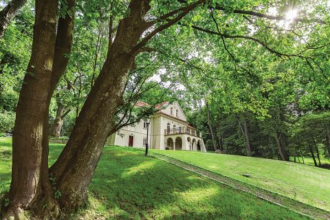 Do domu prowadzi długa lipowa aleja, dookoła trzyhektarowy park ze starymi klonami, po obu stronach budynku dwa dęby, pomniki