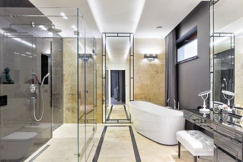 Łazienka to przestronny pokój kąpielowy urządzony w stylu art deco. Na podłodze mozaika Pure Black 15, Dunin.