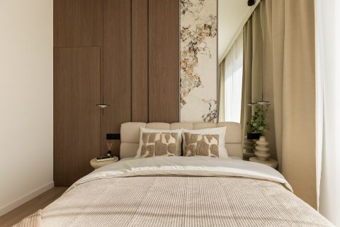 sypialnia w naturalnych kolorach w stylu japandi