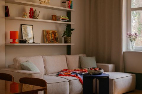 jasna sofa z kolorowym kocem i poduszkami pod łukowatą półką z książkami i dekoracjami w salonie
