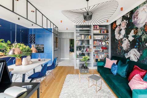 zieleń, granat i róż we wnętrzu