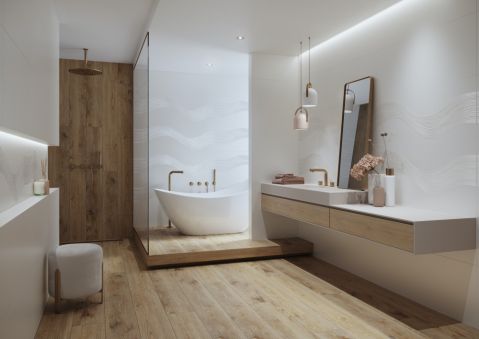 łazienka w bieli i drewnie z prysznicem