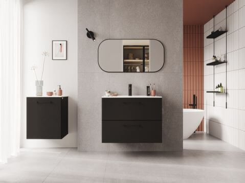 łazienka z czarnymi meblami