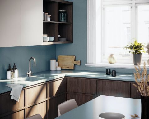 okładziny z konglomeratu na ścianie w kuchni