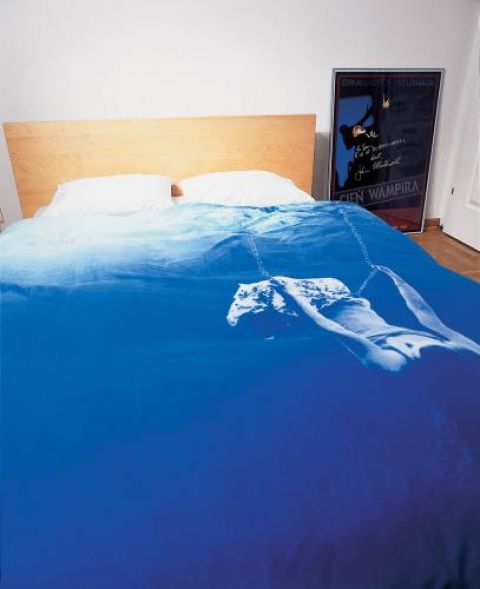 W sypialni duże łóżko przykryte tkaniną o ciekawym wzorze.