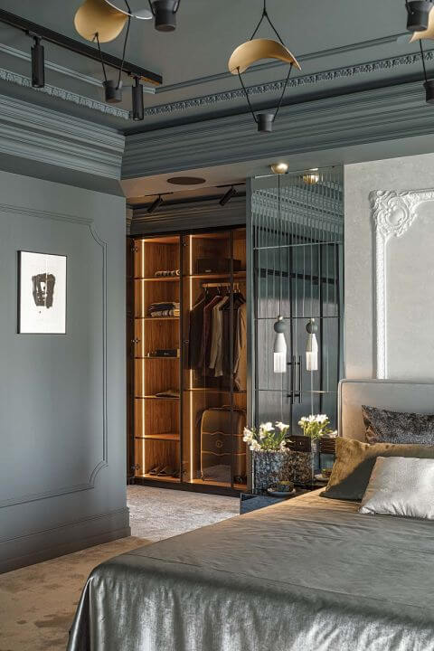 elegancka sypialnia w ciemnych kolorach