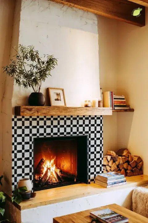 płytki w kratkę wokół kominka