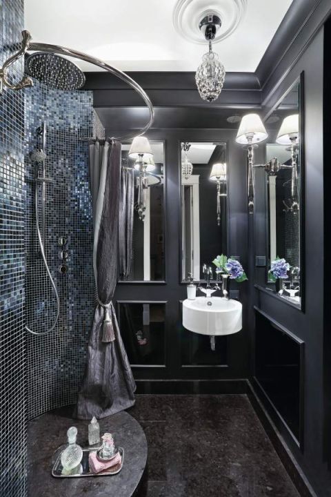 Podłoga z jednego kawałka granitu i lewitujący brodzik zamówione w Raw Stone. Zasłonka prysznicowa wystylizowana