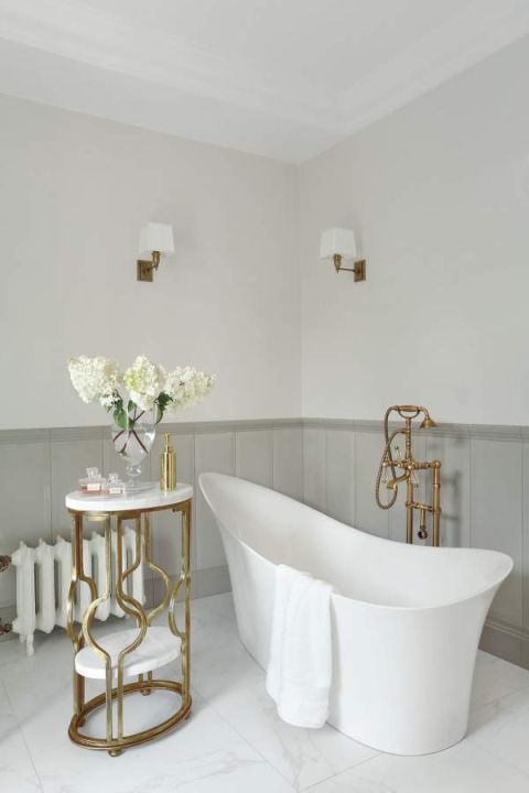 Wanna Alice Marmorin, armatura Trend, ceramika na ścianie Gardenia Diamond Boiserie Grigio - wszystko ze sklepu sanimex.pl