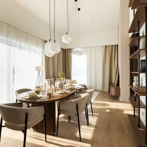 salon połączony z jadalnią w stylu japandi