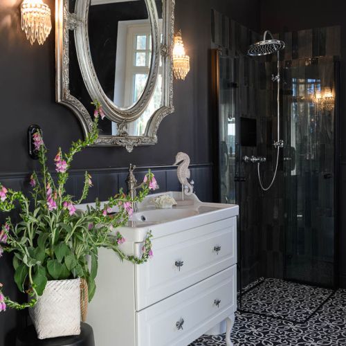 Elegancki salon kąpielowy w czerni i srebrze