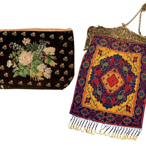 Aksamitna saszetka haftowana jedwabnymi nićmi. Na awersie krajobraz romantyczny, na rewersie kompozycja kwiatowa, ok. 1840