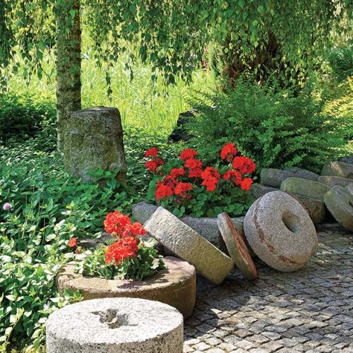 amienne żarna, dawniej służące do mielenia zboża, zostały przerobione na donice dla jaskrawoczerwonych pelargonii.