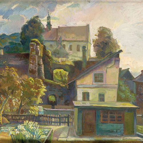 Pejzaż z klasztorem i piekarnią (klasztor Reformatów w Kazimierzu Dolnym), lata 1965-1966.