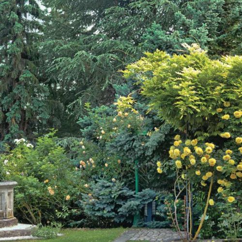 Tak jak w angielskich ogrodach architektura współgra z dziką z pozoru naturą.