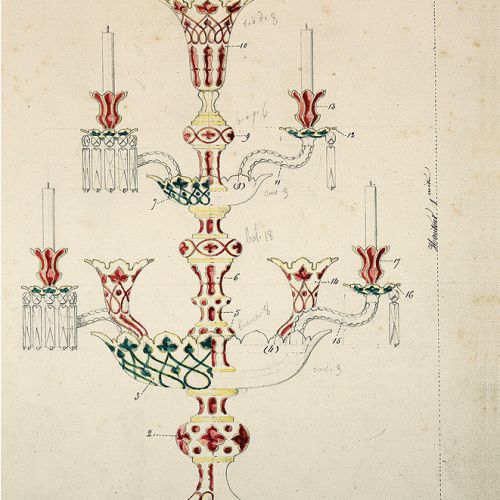 Archiwalny rysunek kandelabra Coupe z czerwonegi i szmaragdowego kryształu.