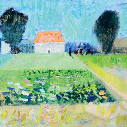 Artur Nacht-Samborski- Domek z czerwonym dachem wśród pól , ok. 1960 r., Muzeum Narodowe we Wrocławiu