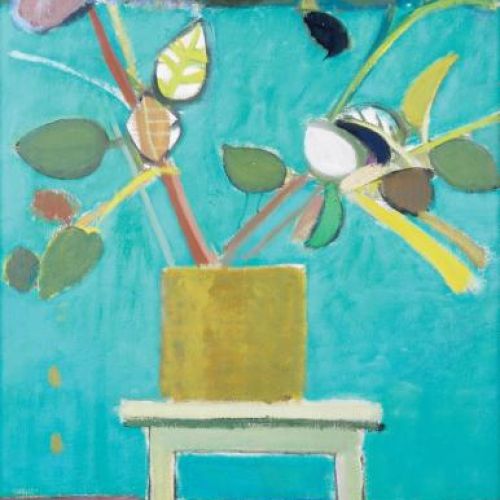 Artur Nacht-Samborski- Donica z gałązkami i liśćmi na zielonym tle , 1974 r., Galeria Arsenał w Poznaniu