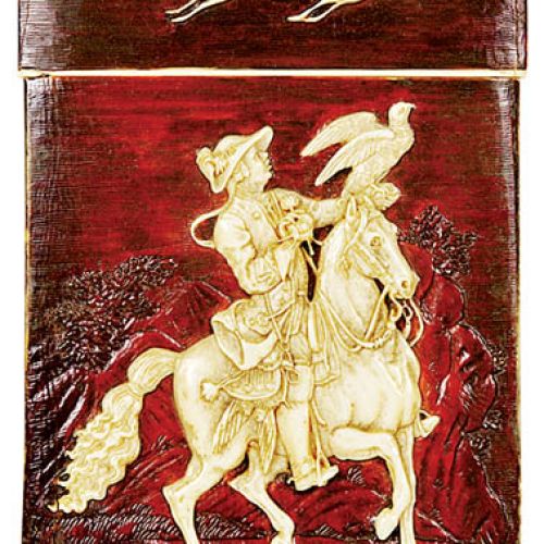 Bejcowana kość słoniowa zdobiona motywem jeźdźca z sokołem, wizytownik prawdopodobnie zrobili wspólnie chińscy i europejscy