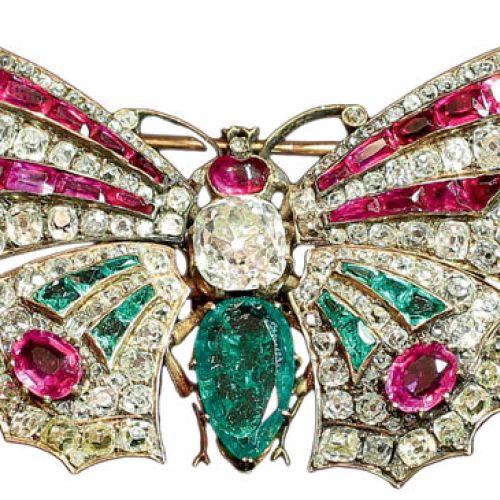 Broszka ze srebra i złota zdobiona szmaragdami, rubinami i diamentami, A.E. Köchert, 1900 r., Leopold Museum, Wiedeń