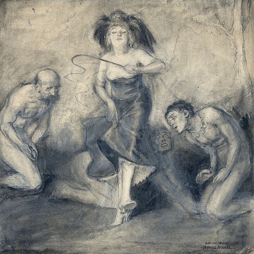 Bruno Schulz - Kobieta z pejczem i trzej nadzy mężczyźni, 1920 r.