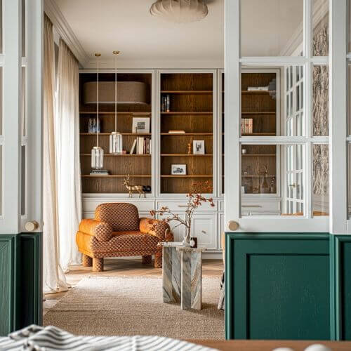 elegancki salon z drewnianą biblioteczką, pomarańczowym fotelem, przeszklonymi drzwiami i boazerią w kolorze butelkowej zieleni