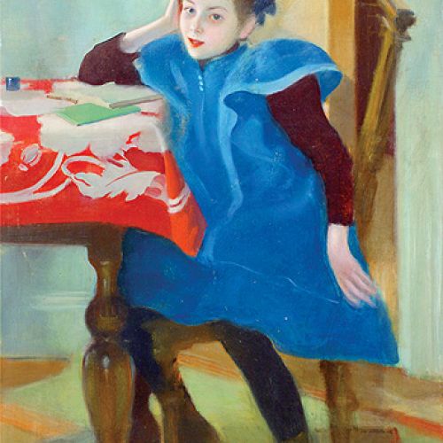 Dziewczynka przy lekcjach , S. Dębicki, 1910-1912 r.