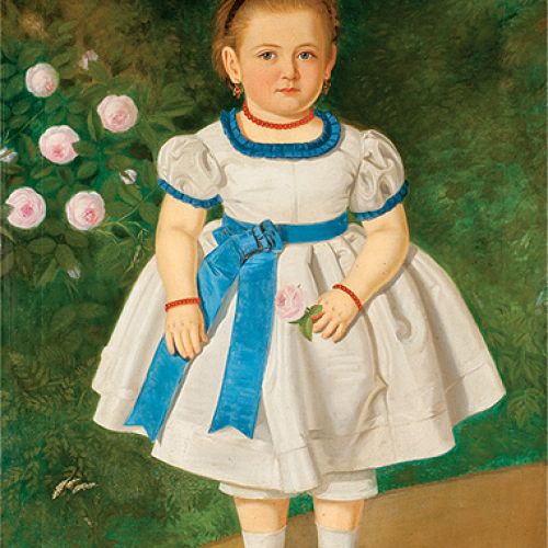 Dziewczynka w ogrodzie , malarz polski, lata 60. XIX w. W połowie stulecia w stroju młodszych dzieci pojawiają się skarpetki