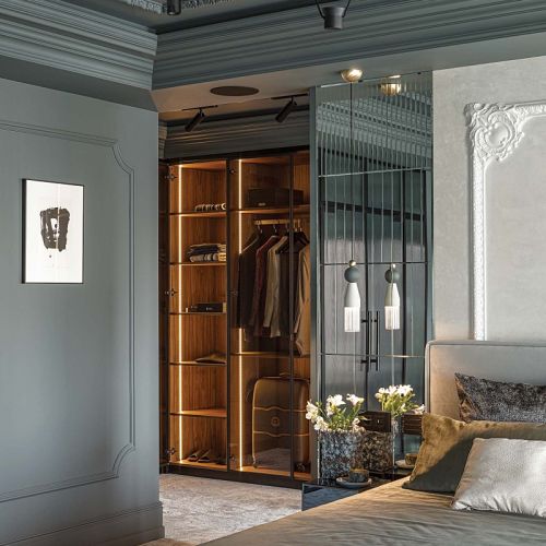 elegancka sypialnia w ciemnych kolorach