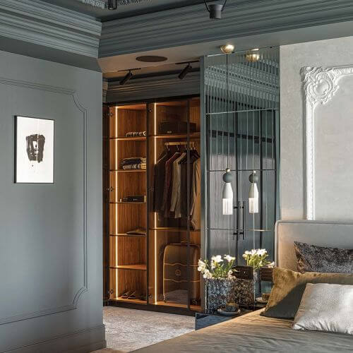 elegancka sypialnia w ciemnych kolorach