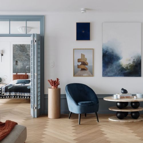 eleganckie mieszkanie z błękitnymi drzwiami