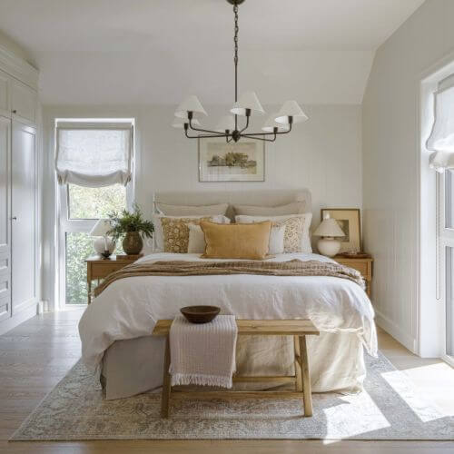sypialnia w stylu modern farmhouse