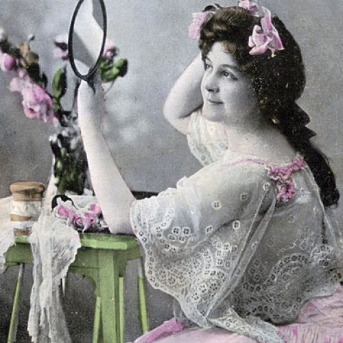 Francuska pocztówka, 1900 r. Opakowania kosmetyków