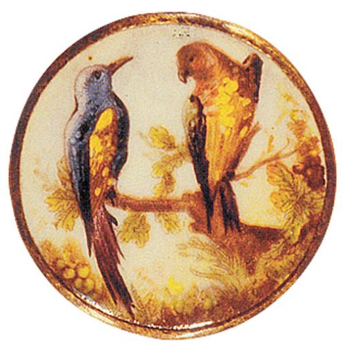 Guzik malowany w egzotyczne ptaki. Guzik z pętelką