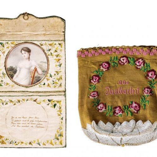 Haftowana torebka na listy, ze skóry i jedwabiu, z wierszem i miniaturą Favorin Lerebour, Francja, 1806 r., Tassen Museum