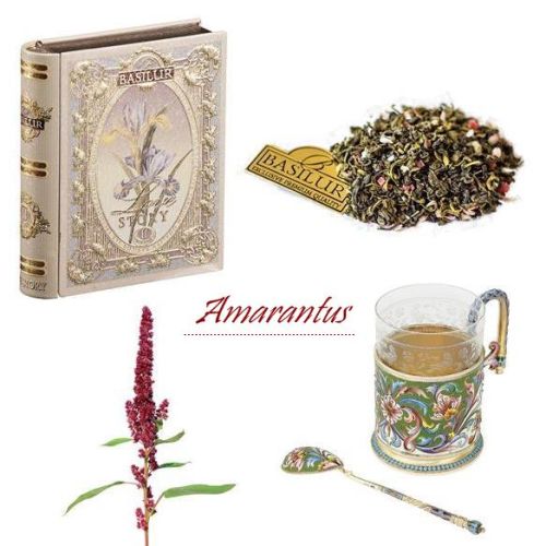 Herbata: Basilur, szklanka w koszyczku zdobionym techniką cloisonne, emaliowana łyżka do cukru: Rosja, koniec XIX