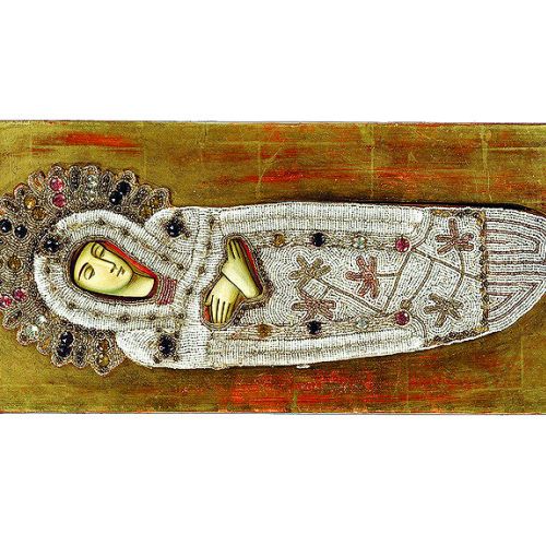 Ikona Zaśnięcie Bogurodzicy w paciorkowej sukience, Rosja XIX w.