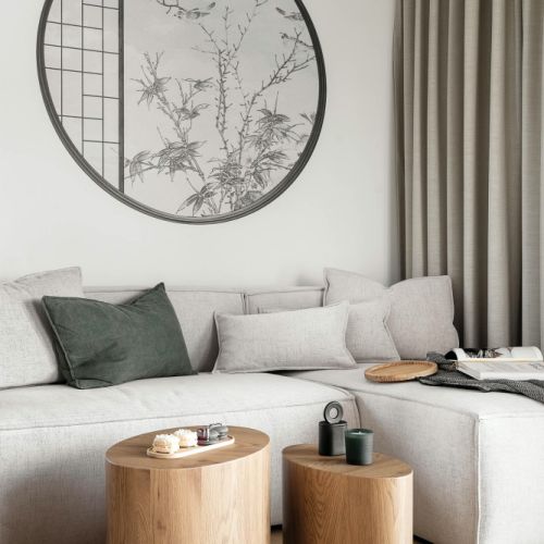 salonu w stylu japandi w mieszkaniu 38 m2