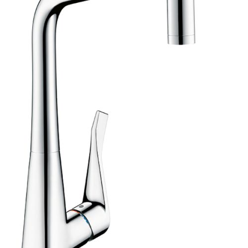 Jednouchwytowa bateria HG Metris z wyciąganą, obrotową wylewką, 1670 zł netto, HANSGROHE