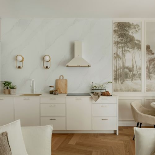 kaszmirowy salon z kuchnią aranżacja