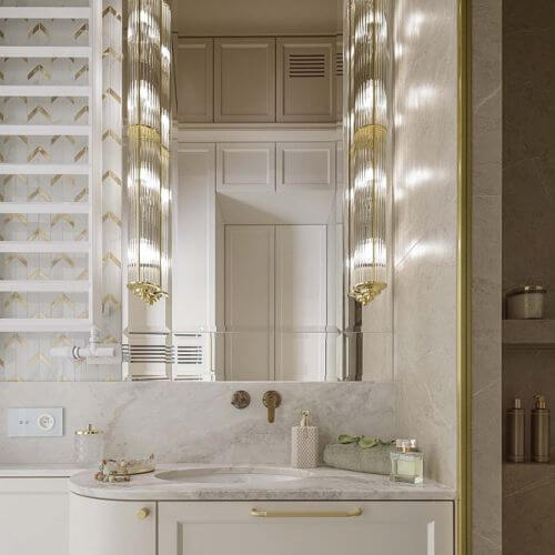 elegancka biała łazienka w stylu modern classic z białą szafką podumywalkową i złotymi dodatkami