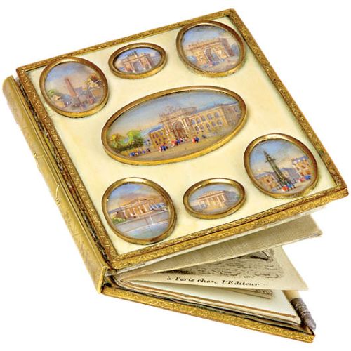 Kość słoniowa, wizytownik z notesem i kalendarzykiem, zdobiony miniaturami widoków paryskich, Francja, 1880-1890 r., z