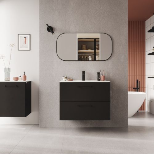 łazienka z czarnymi meblami