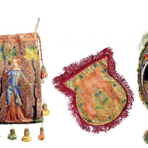 Lniana torba z haftem przedstawiającym dworską scenę miłosną, 1320 r., Francja. Muzeum Sztuki i Rzemiosła