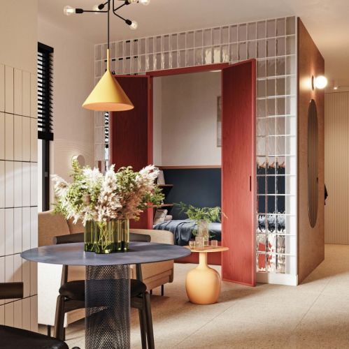 mała sypialnia wydzielona luksferami