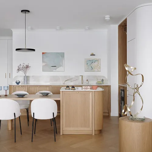 otwarta kuchnia w eleganckim mieszkaniu nad morzem