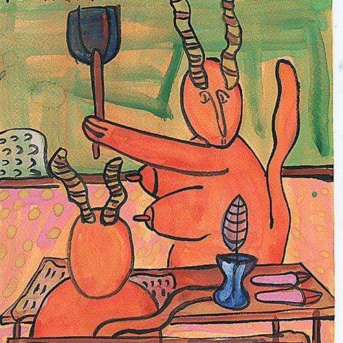 Marek Krauss Szkoła z cyklu Po co jest sztuka, życie rodzinne , gwasz na kartonie, 2013 r.